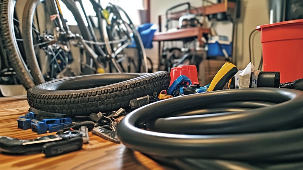 Bike workshop bench with tyres and innertubes on it